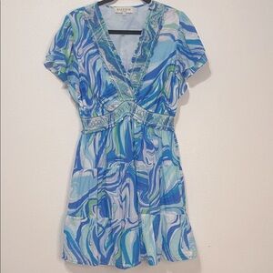 Hale Bob Blue and Green Swirl Dress Size Large PTP 19”-22” EUC